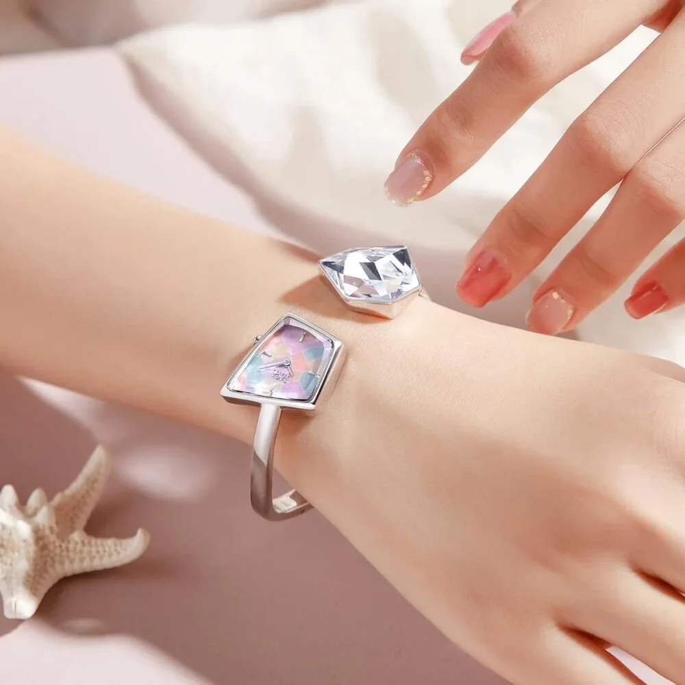 Women's Silver Cuff Bangle Quartz Watch Shaped Mineral Case Stainless Steel